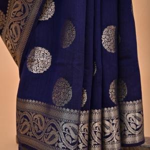 Midnight Grace – Navy Blue Spun Silk Saree
